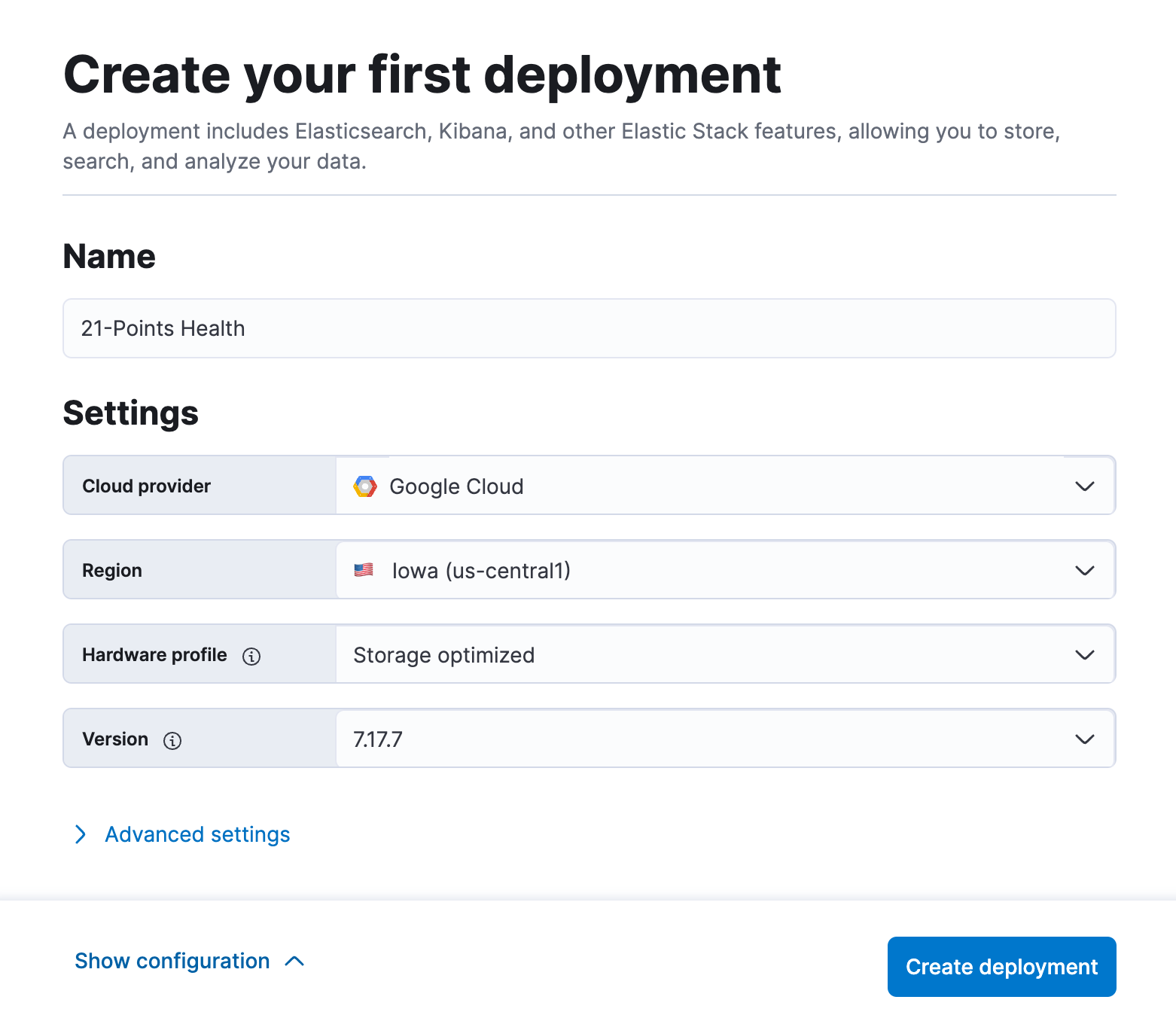 Elastic Cloud settings